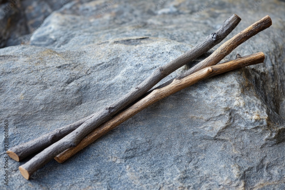 Poster a pair of sticks resting on top of a rock