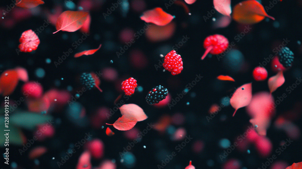 Poster dynamic background of falling red and black mulberries with leaves for nature and food design