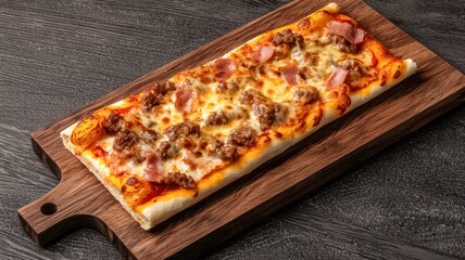 A delicious rectangular pizza topped with cheese, ham, and sausage, served on a wooden board.