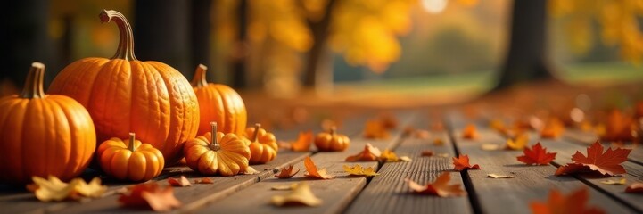 Cozy autumnal scene with pumpkin patch and golden leaves on wooden floor, warm colors, harvest theme, cozy atmosphere