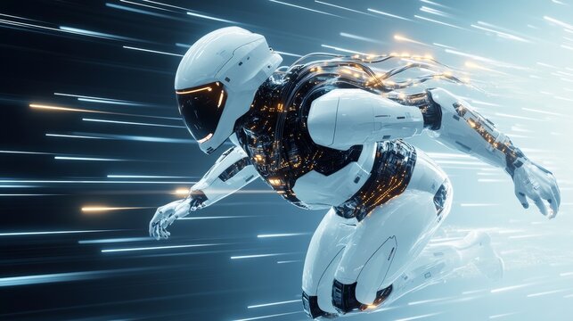 A white and blue chrome friendly AI robot in a 3D cartoon style, rendered against a futuristic background. This image showcases technology innovation, cyber machinery, and computer concepts, making