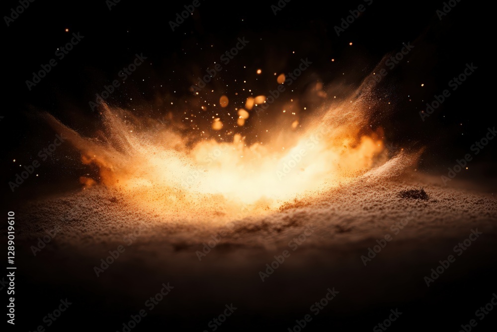 Poster abstract explosion of orange and yellow particles on a dark background. glowing embers and sparks cr