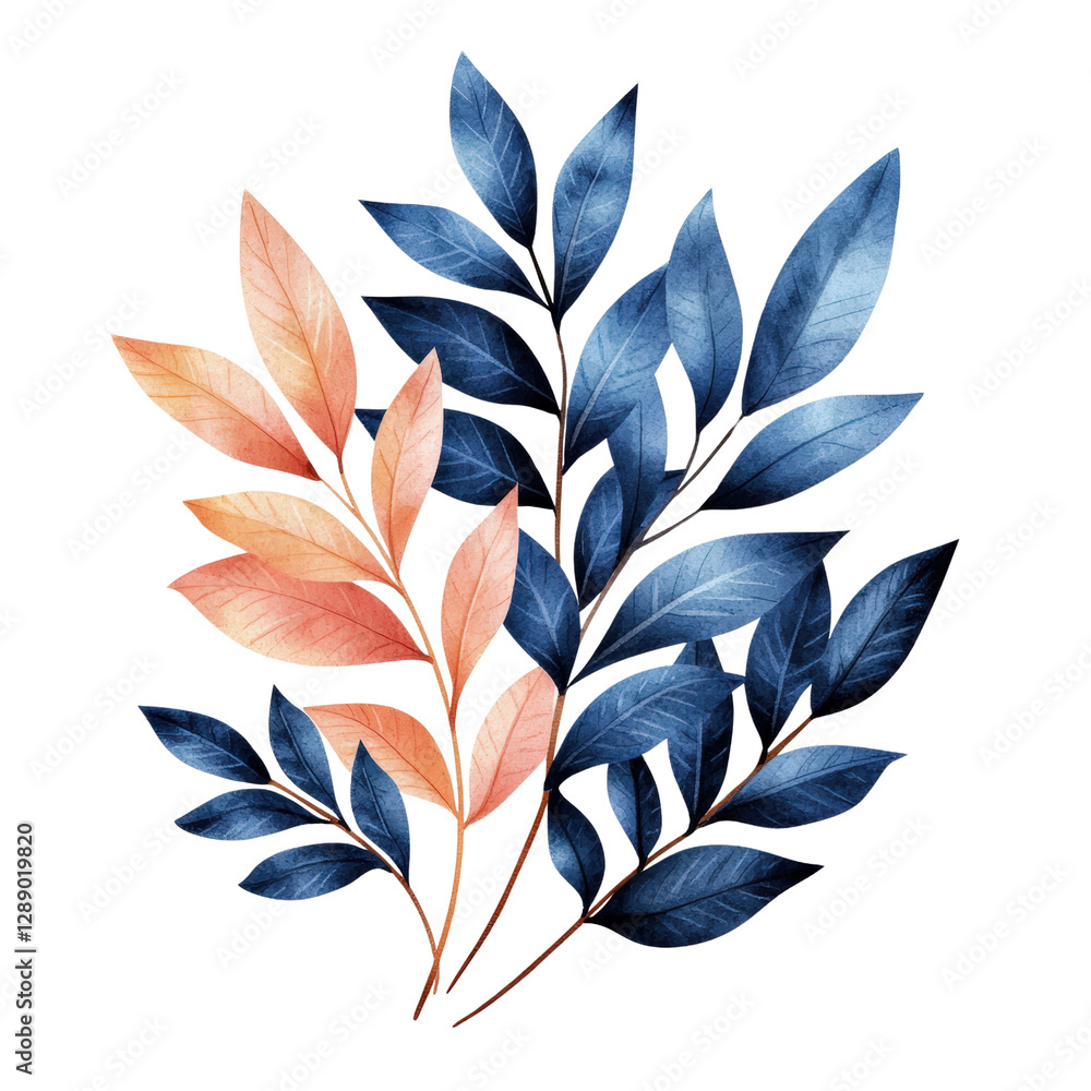 Aufkleber watercolor painting of a branch with leaves on a solid black background in a minimalist style isolat