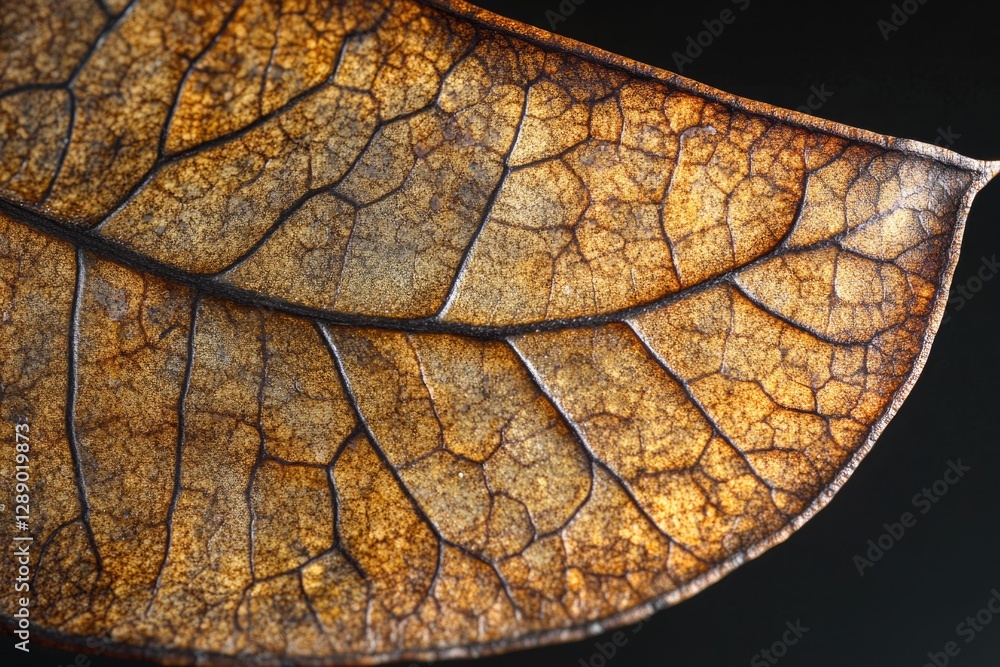 Poster a close-up view of a dried leaf on a dark background