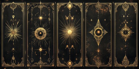 Obraz premium A collection of tarot cards featuring magical symbols framed along the edges in a linear style
