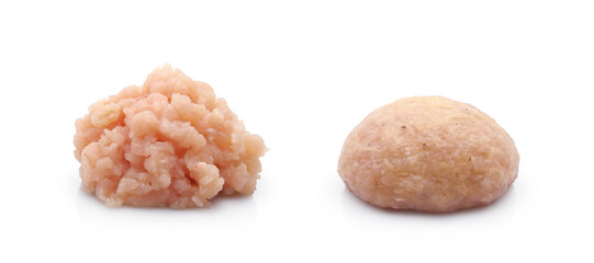 Minced meat and formed raw uncooked cutlet or meatball isolated on white background