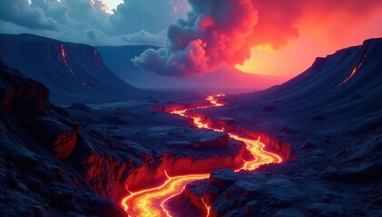 Volcanic eruption landscape with lava streams, geological, flow