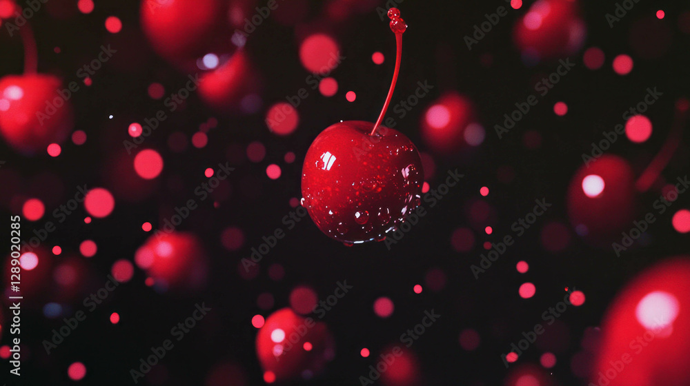 Aufkleber Dynamic background of falling red cherries with subtle reflections for creative design