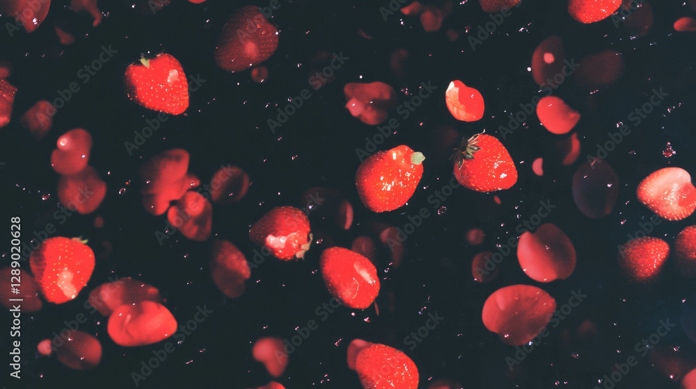 Poster falling red strawberries with soft light background for fresh summer design