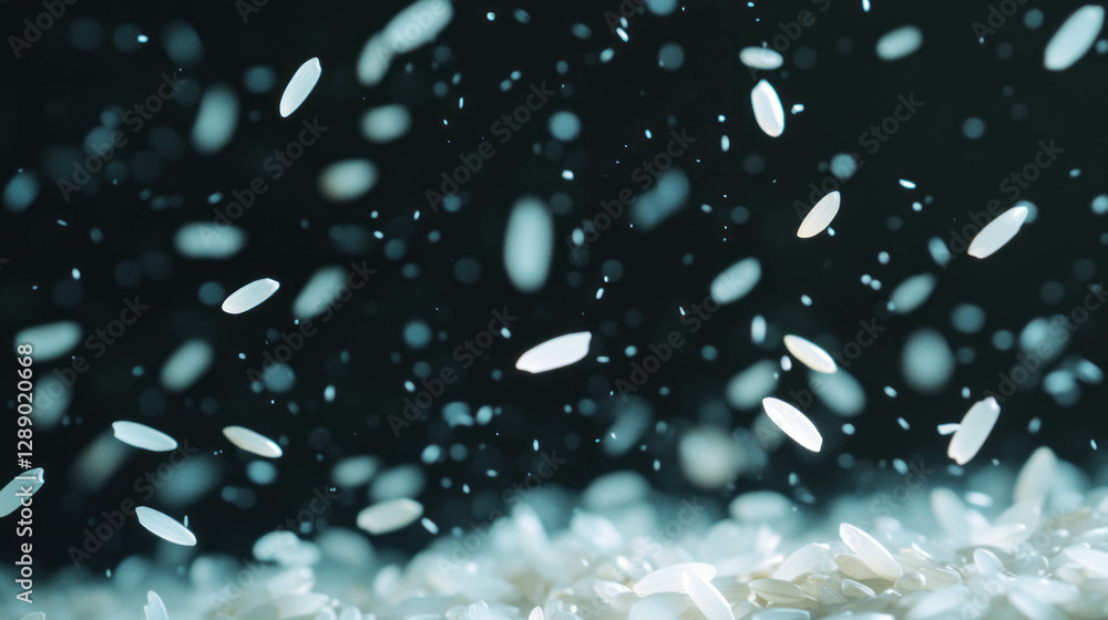 Poster dynamic background of falling rice grains on dark surface for food and culinary design