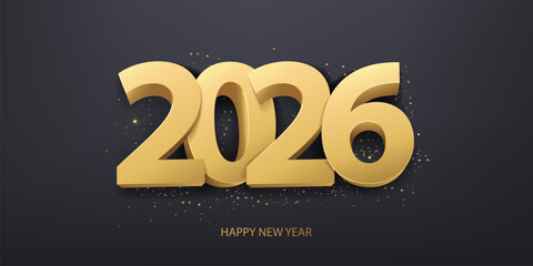 Happy New Year 2026. Golden 3D numbers with confetti on black background.