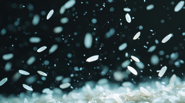 Dynamic background of falling rice grains on dark surface for food and culinary design