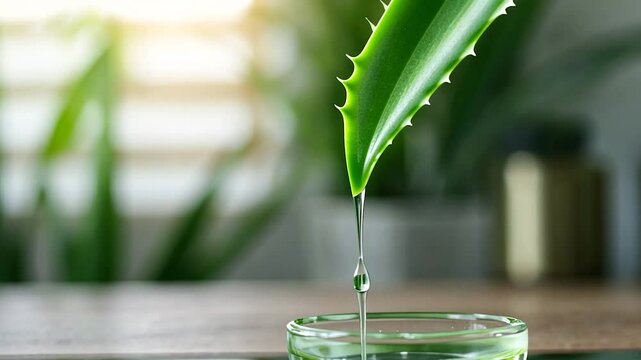 Aloe vera leaf dripping gel into bowl, indoor plants