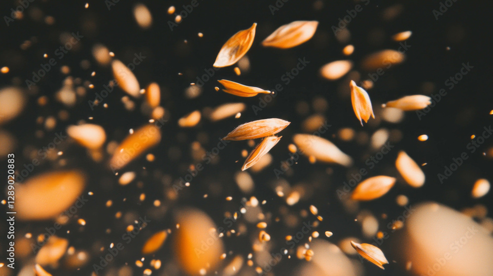 Poster Dynamic background of falling rye grains on dark brown canvas for design and art concepts