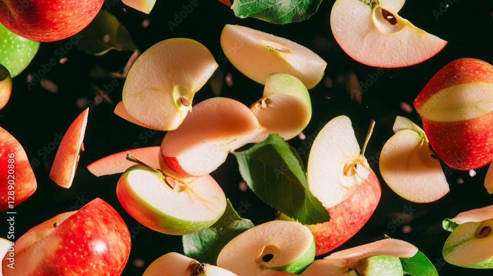 Poster Dynamic background of falling sliced red and green apples