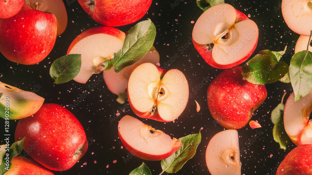 Poster vibrant background of falling sliced red and green apples