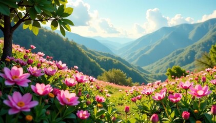 Vista a?rea de uma floresta com lindas flores,, primavera