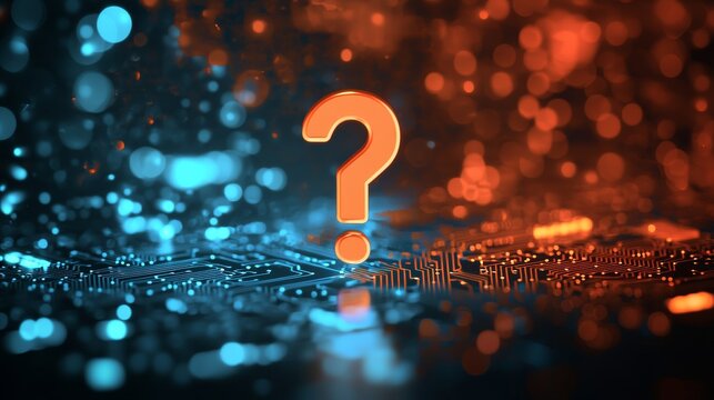 A 3D abstract wireframe grid with a neon glowing red-orange question mark on a circuit board, designed as a concept background illustration for an FQA presentation
