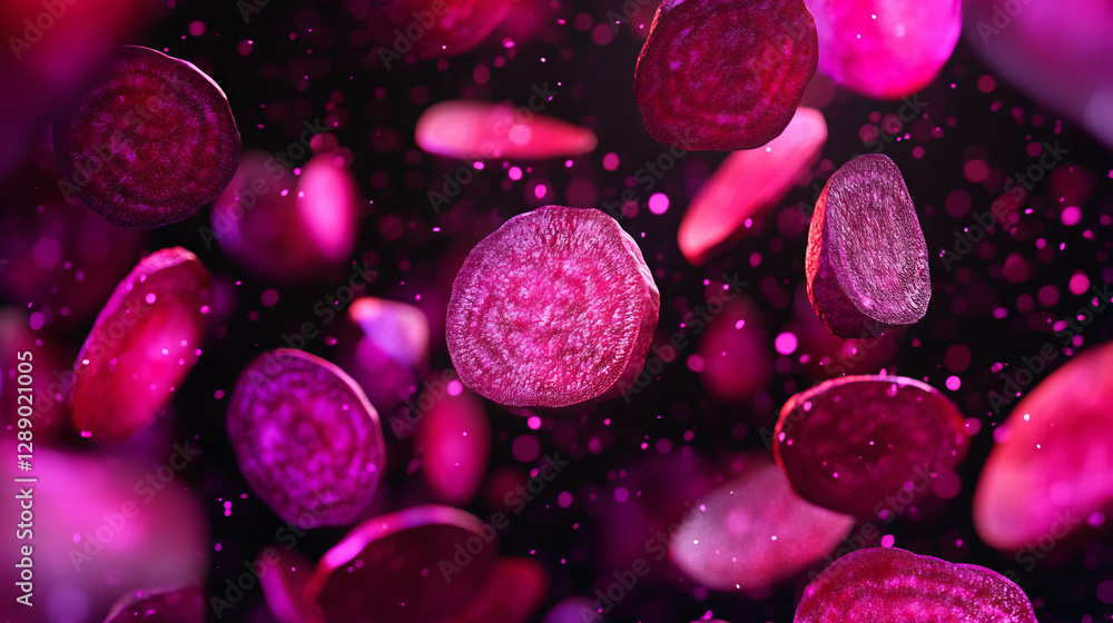Poster vibrant background of falling sliced beets with deep red tones for creative designs