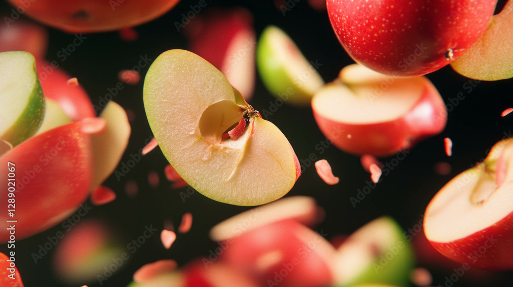 Poster vibrant background of falling sliced red and green apples for fresh design