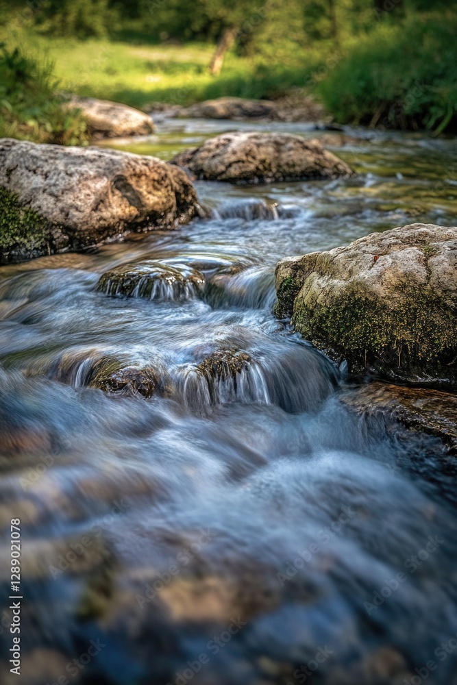 Poster a serene scene of a river flowing through a lush green forest, great for use in environmental or nat