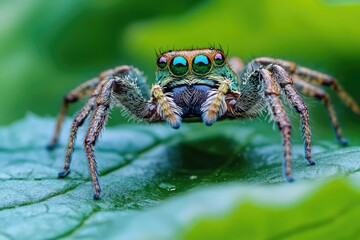 A close-up view of a spider sitting on a leaf, with intricate details visible