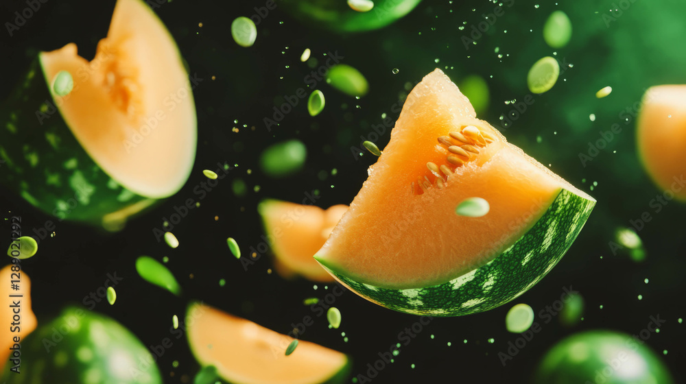 Poster vivid background with falling sliced bitter melons for fresh and dynamic designs
