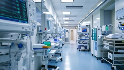 Modern Intensive Care Unit: A clinical perspective capturing an array of advanced medical equipment and technology within an intensive care unit setting, conveying the critical care environment.