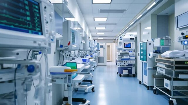 Modern Intensive Care Unit: A clinical perspective capturing an array of advanced medical equipment and technology within an intensive care unit setting, conveying the critical care environment.