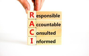 RACI symbol. Concept word RACI Responsible Accountable Consulted Informed on wooden blocks....