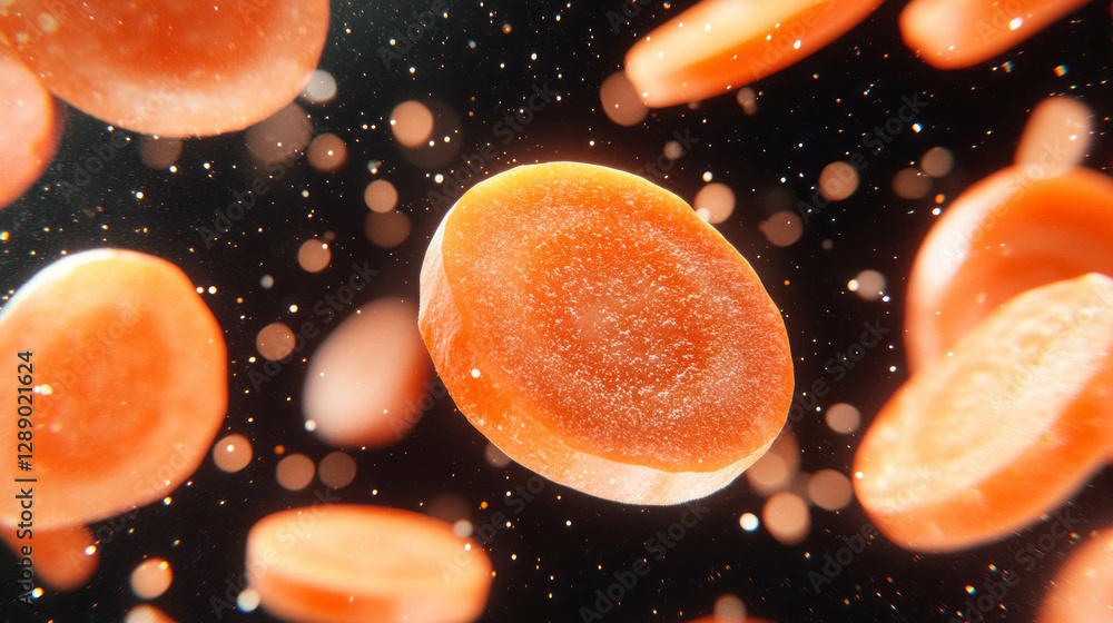 Poster fresh and vibrant falling sliced carrots on a soft orange background