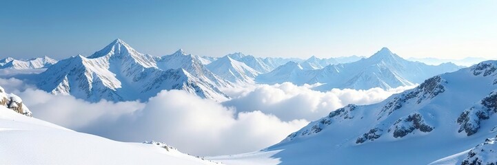 Obraz premium Snowy mountain vistas with layered cloud formations, snowy mountains, cloudy horizon, cloudy sky