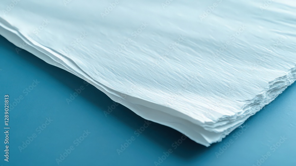 Aufkleber close-up view of a stack of white paper sheets on a blue surface. the paper has a slightly textured 