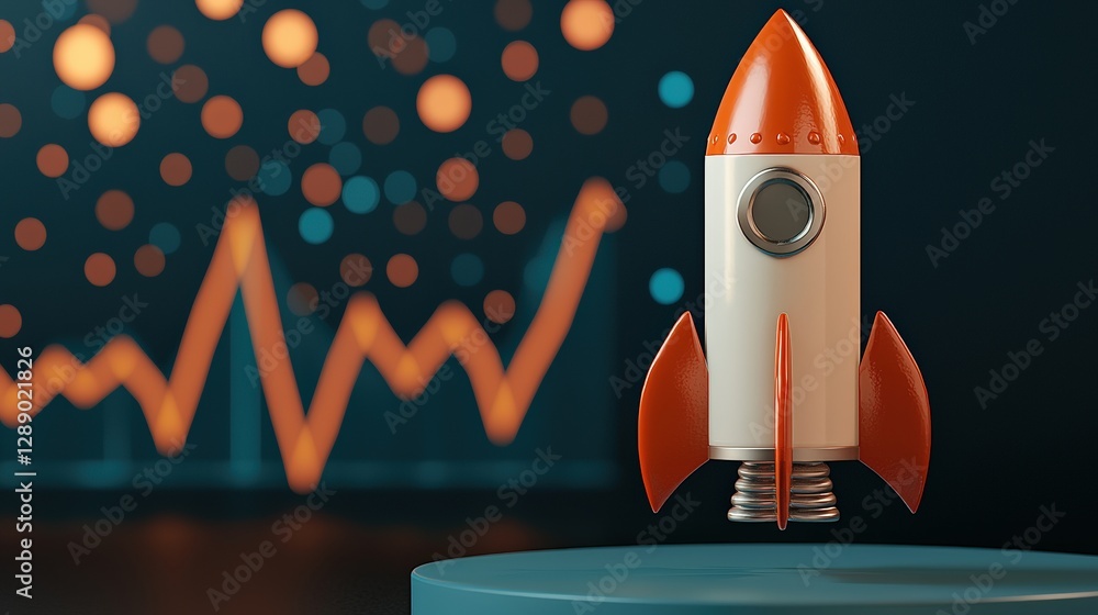 Aufkleber rocket model with a glowing background and analytics graph.
