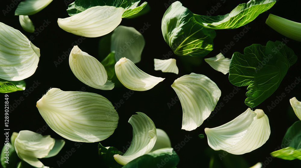 Poster dynamic background of falling sliced fennel and green leaves for fresh design