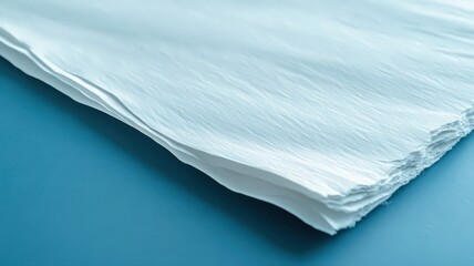 Obraz premium Close-up view of a stack of white paper sheets on a blue surface. The paper has a slightly textured appearance
