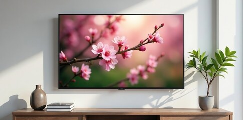 Wall-mounted TV shows a garden of blossoming flowers, spring, blossoms, floral
