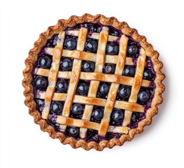 Top-down view of a blueberry pie on a white background