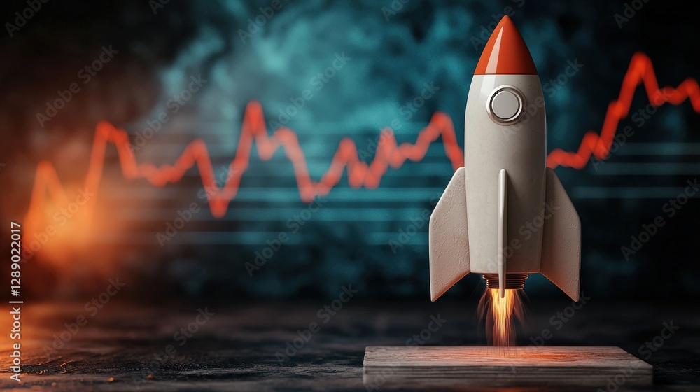 Aufkleber rocket launching with abstract data visualization background.