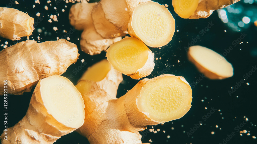 Poster Dynamic background of falling sliced ginger roots for culinary and design use