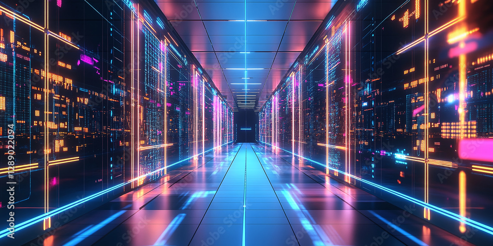 Poster futuristic server room: illuminated corridor with glowing neon lines and vibrant data visualizations