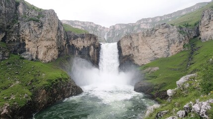 Obraz premium Majestic waterfall cascading between cliffs, green landscape background; nature travel
