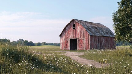 Obraz premium Rustic Red Barn Surrounded by Green Fields and Wildflowers Under Clear Blue Sky in Rural Landscape