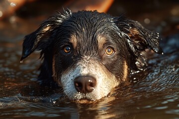 A black and white dog swimming in calm waters, great for outdoor or aquatic themed projects