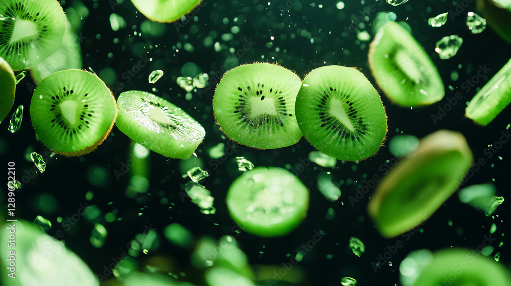 Poster fresh kiwi slices falling in motion with vibrant green background