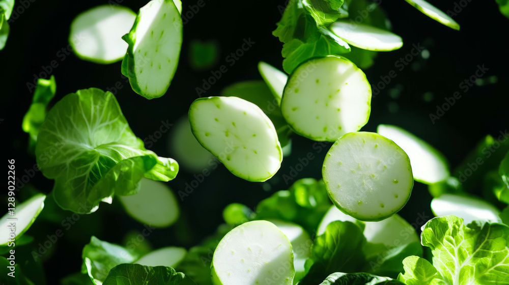 Poster fresh green vegetables and sliced kohlrabi floating against dark background