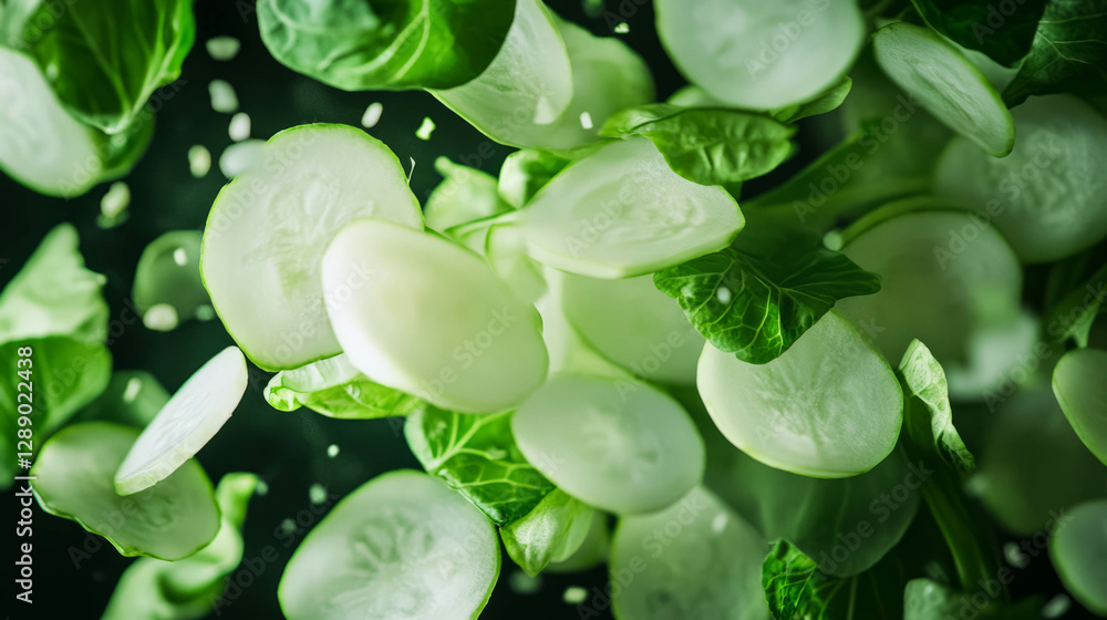 Poster fresh kohlrabi and cucumber slices falling on dark green background