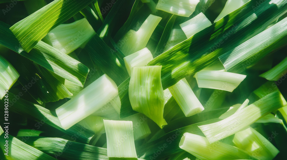 Poster freshness of sliced leeks falling on green background for culinary design