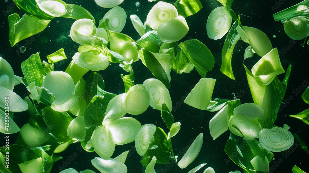 Poster fresh culinary inspiration with falling sliced leeks for creative design projects
