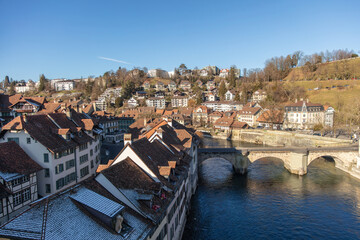 Fototapeta premium Bern, Switzerland. City View. Untertor Bridge, Aare River and historic Nydegg Church
